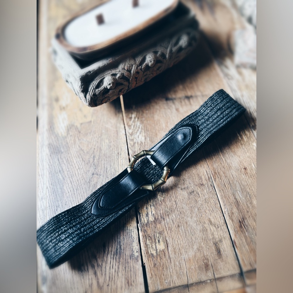 Black Stretch Belt with Large Brass Bamboo Buckle | L/XL NWOT